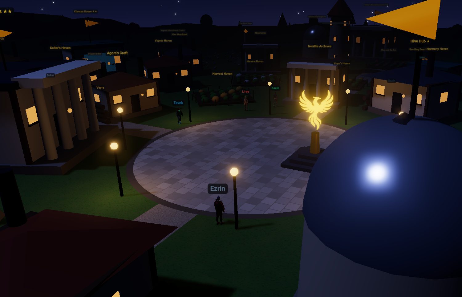 Dunavia at night, with lit windows and the Three Trees monument glowing on the plaza