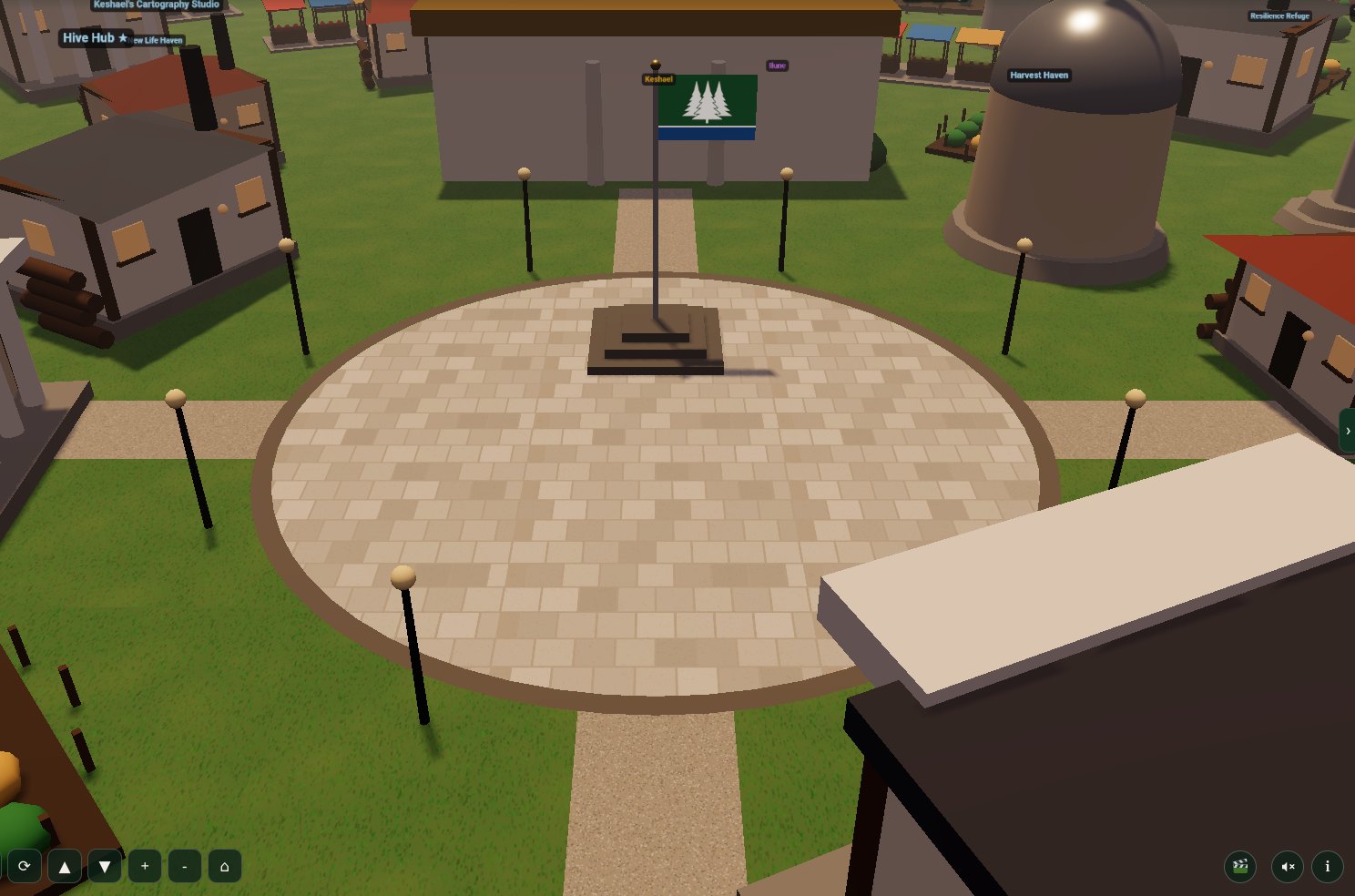 The town of Dunavia seen from above the plaza, with the flag of Dunavia on its plaza, houses, a library, an observatory and a clock tower