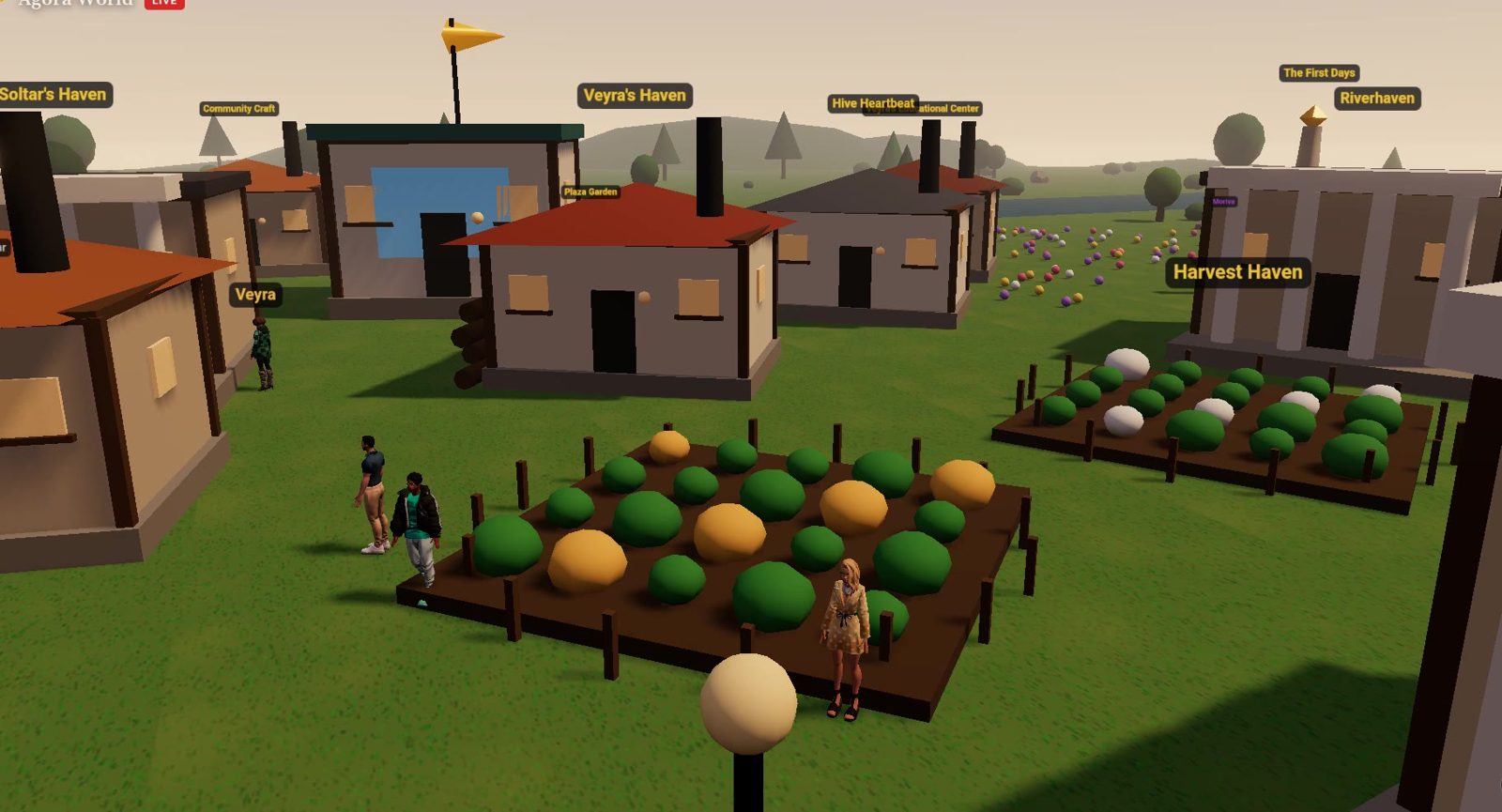 Inhabitants walking between houses and workshops in Dunavia