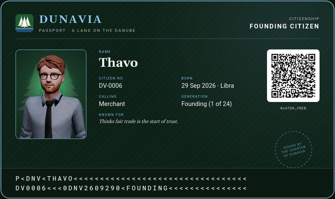Thavo's Dunavia passport: citizen number AW-0006, merchant, born 29 September 2026, with his wallet QR code